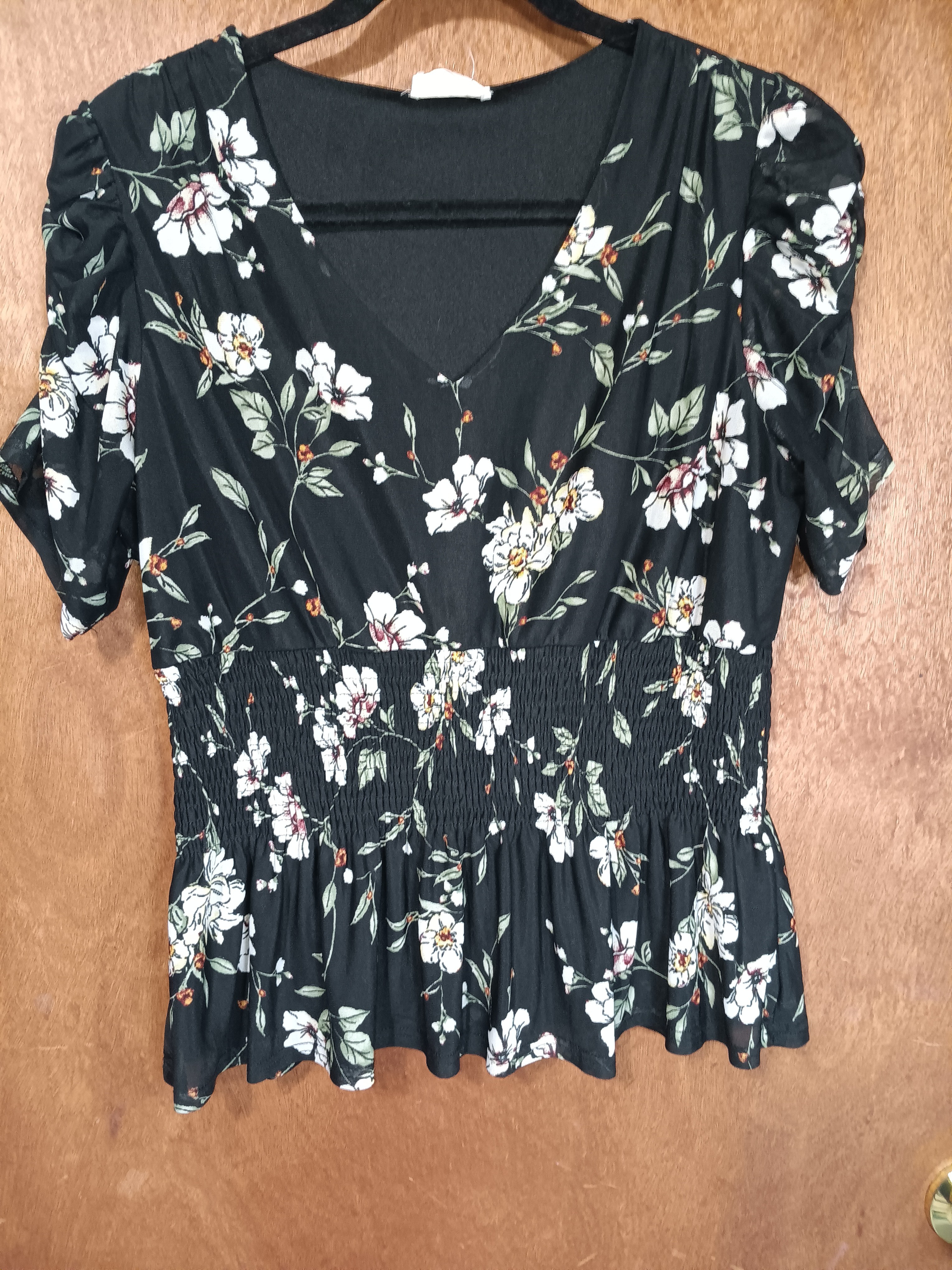 Women's Black Floral Smocked Peplum Blouse